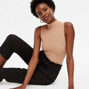 New Look High Mock Neck Sleeveless Polyester Bodysuit Tan Camel